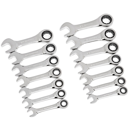72-Tooth 12 Point Stubby Wrench Set, Ratcheting Combination, 14 Pieces, Imperial and Metric OSI Industrial Sales