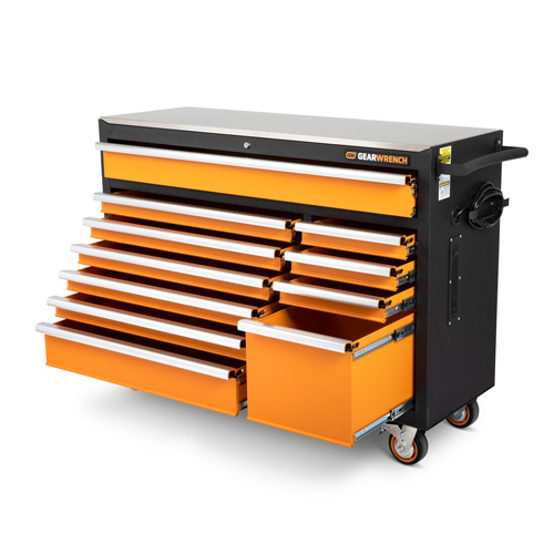 Rolling Tool Cabinet with Stainless Steel Worktop, 11 Drawers, 52" W x 18" D x 36" H, Black/Orange OSI Industrial Sales
