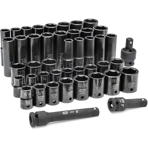 Jeu de douilles SAE/m&eacute;triques &agrave; 6 pans, 44 Mcx, Chocs, Prise de 1/2", Profond OSI Industrial Sales