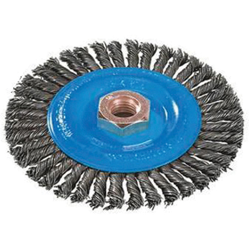 Brosse &agrave; fils nou&eacute;s pour cordons de soudure, Dia. 4", Fils 0,02", Arbre 5/8"-11, Aluminium/Acier inoxydable OSI Industrial Sales