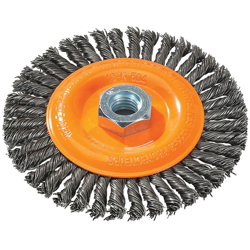 Brosse &agrave; fils nou&eacute;s pour cordons de soudure, Dia. 5", Fils 0,02", Arbre 5/8"-11, Acier OSI Industrial Sales
