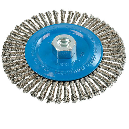 Brosse &agrave; fils &eacute;troits nou&eacute;s et torsad&eacute;s, Dia. 6", Fils 0,02", Arbre 5/8"-11, Aluminium/Acier inoxydable OSI Industrial Sales