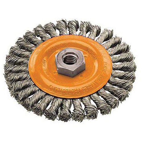 Brosse rotative &agrave; fils nou&eacute;s large, Dia. 4", Fils 0,02", Arbre 5/8"-11, Acier OSI Industrial Sales
