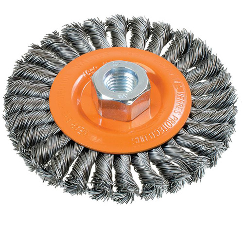 Brosse rotative &agrave; fils nou&eacute;s large, Dia. 4-1/2", Fils 0,02", Arbre 5/8"-11, Acier OSI Industrial Sales