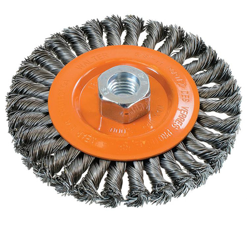 Brosse rotative &agrave; fils nou&eacute;s large, Dia. 5", Fils 0,02", Arbre 5/8"-11, Acier OSI Industrial Sales