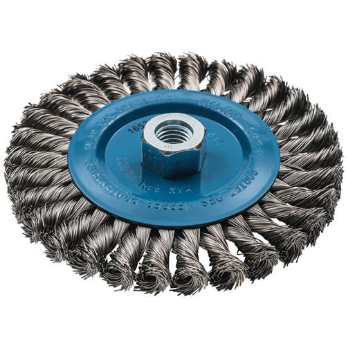 Brosse rotative &agrave; fils nou&eacute;s large, Dia. 6", Fils 0,02", Arbre 5/8"-11, Aluminium/Acier inoxydable OSI Industrial Sales