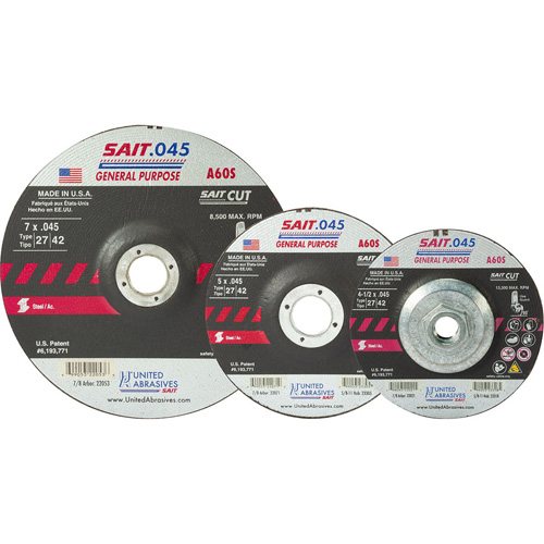 Disque de coupe Sait, 5" x 0,045", Arbre de 7/8", Type 27, Oxyde d'aluminium, 12 200 Tr/min OSI Industrial Sales