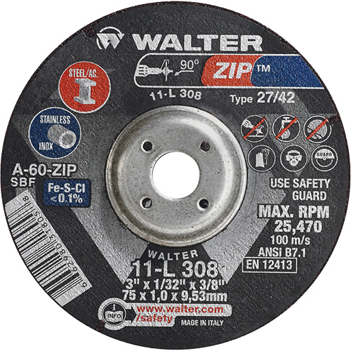 Zip Cutting and Grinding Wheel, 3" x 1/13", 3/8" Arbor, Type 27, 60 Grit, Aluminum Oxide OSI Industrial Sales