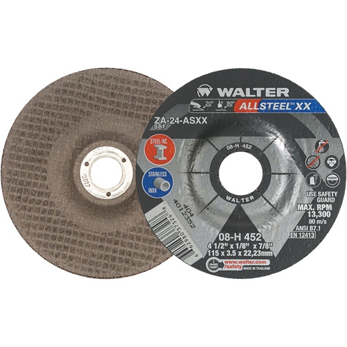 Depressed Centre Grinding Wheels - Allsteel XX, 4-1/2" x 1/8", 7/8" Arbor, Type 27, Zirconia Alumina, 13300 RPM OSI Industrial Sales