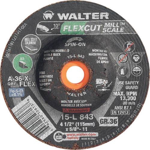 Meule FLEXCUT MILL SCALE, 4-1/2", 36 Grain, Oxyde d'aluminium, 5/8"-11, 13 300 Tr/min, Type 29 OSI Industrial Sales