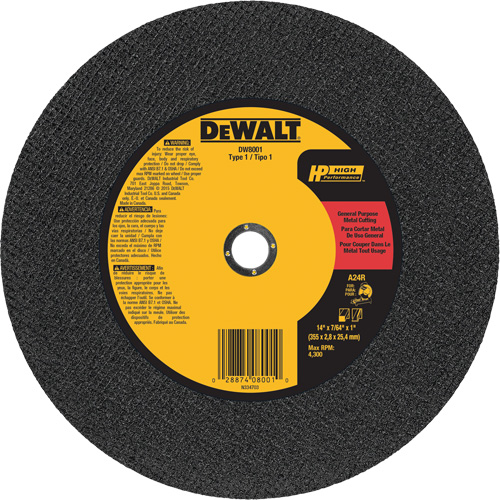 General Purpose Metal Cutting Chop Saw Wheel, 14" x 7/64", 1" Arbor, Type 1, Aluminum Oxide, 4300 RPM OSI Industrial Sales