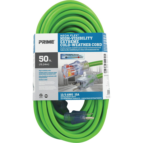 Neon Flex&reg; High Visibility Extension Cord, Outdoor, SJTW, 12/3 AWG, 15 A, 50' OSI Industrial Sales