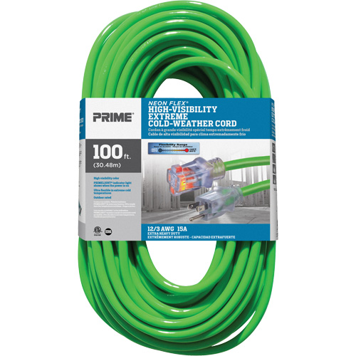 Neon Flex&reg; High Visibility Extension Cord, Outdoor, SJTW, 12/3 AWG, 15 A, 100' OSI Industrial Sales