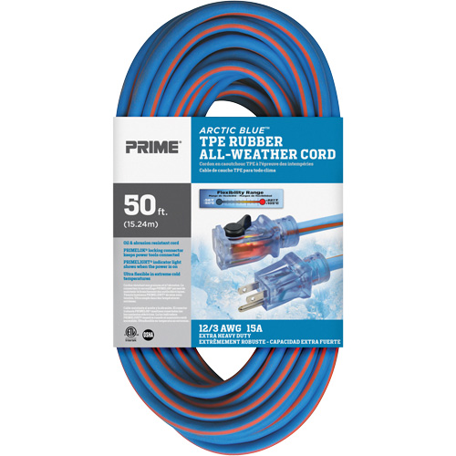 Arctic Blue TPE-Rubber Locking Extension Cord, All-Weather, SJEOW, 12/3 AWG, 15 A, 50' OSI Industrial Sales