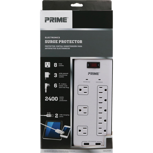 USB Charging Surge Protectors, 8 Outlets, 2400 J, 1875 W, 6' Cord OSI Industrial Sales
