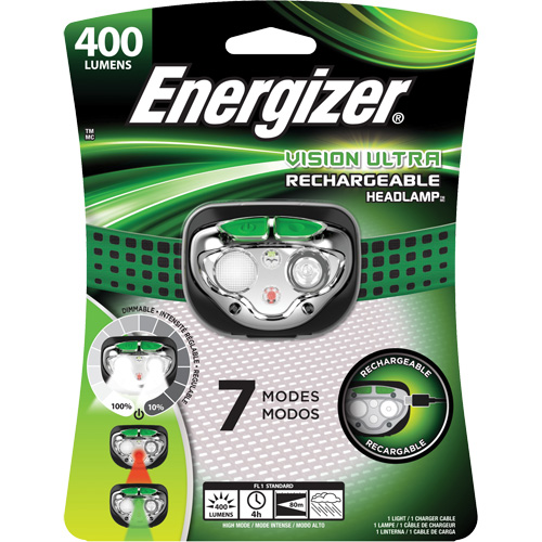 Lampe frontale Vision Ultra, DEL, 400 lumens, 4 hres de fonctionnement, piles Rechargeable OSI Industrial Sales