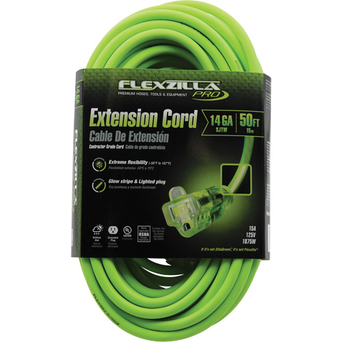 Flexzilla&reg; Pro Industrial Extension Cord, All-Weather, SJTW, 14/3 AWG, 15 A, 50' OSI Industrial Sales