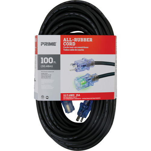 All-Rubber Extension Cord, Outdoor, SJOOW, 12/3 AWG, 15 A, 100' OSI Industrial Sales