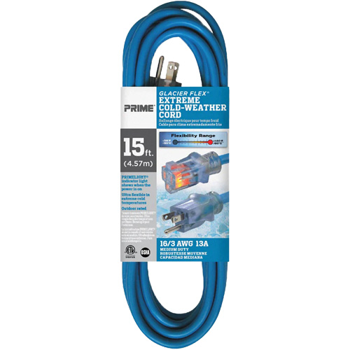 Glacier Flex&reg; Extreme Cold Weather Extension Cord, Outdoor, SJTW, 16/3 AWG, 13 A, 15' OSI Industrial Sales
