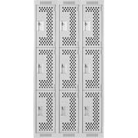 Clean Line Lockers, 3 -tier, Bank of 3, 36" x 12" x 72", Steel, Grey, Rivet (Assembled), Perforated OSI Industrial Sales