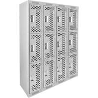 Clean Line Lockers, 3 -tier, Bank of 4, 48" x 12" x 72", Steel, Grey, Rivet (Assembled), Perforated OSI Industrial Sales