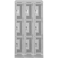 Clean Line Lockers, 3 -tier, Bank of 3, 36" x 15" x 82", Steel, Grey, Rivet (Assembled), Perforated OSI Industrial Sales