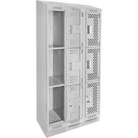 Clean Line Lockers, 3 -tier, Bank of 3, 36" x 15" x 82", Steel, Grey, Rivet (Assembled), Perforated OSI Industrial Sales