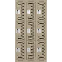 Clean Line Lockers, 3 -tier, Bank of 3, 36" x 12" x 72", Steel, Beige, Rivet (Assembled), Perforated OSI Industrial Sales