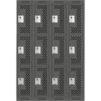 Clean Line Lockers, 3 -tier, Bank of 4, 48" x 12" x 72", Steel, Charcoal, Rivet (Assembled), Perforated OSI Industrial Sales
