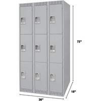 Lockers, 3 -tier, Bank of 3, 36" x 18" x 72", Steel, Grey, Knocked Down OSI Industrial Sales
