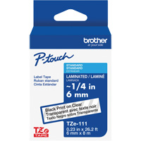 Ruban lamin&eacute; TZe-111 pour &eacute;tiqueteuses P-Touch compatibles avec les rubans TZe, Noir sur transparent, Largeur de 0,23" OSI Industrial Sales