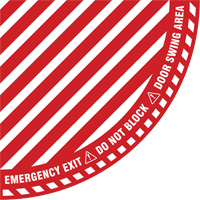 Signalisation au sol ?Emergency Exit? (sortie de secours) pour porte battante en quart de cercle, Adh&eacute;sif, Anglais avec pictogramme OSI Industrial Sales