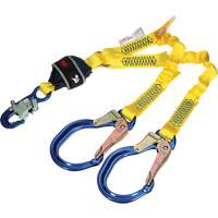 Twin-Leg Stretch Web Shock-Absorbing Lanyard, 4', Rebar Hook Center, Snap Hook Leg Ends OSI Industrial Sales
