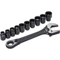 11-Piece Pass-Thru X6 Adjustable Wrench & Spline Socket Set, 13" L, 2-27/50" Max Width, Black Phosphate OSI Industrial Sales